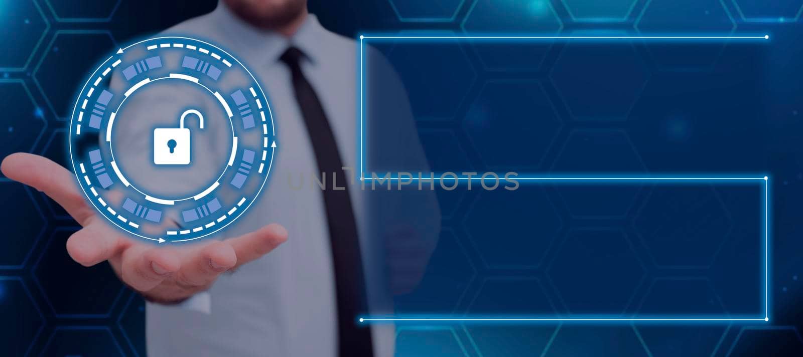 Businessman Extending Hand Showing Unlock In A Glowing Futuristic Round Design. Man With Necktie Opening Secured Information And New Concepts In A Meeting. by nialowwa