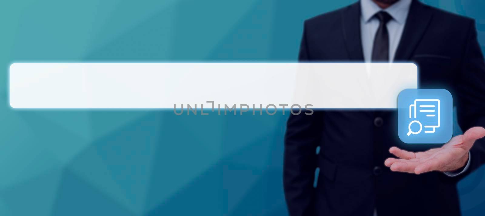Businessman Presenting The Document Search Bar In Abstract Design. Man In Suit With One Hand Displaying The Search Looking For Important Files And Data. by nialowwa