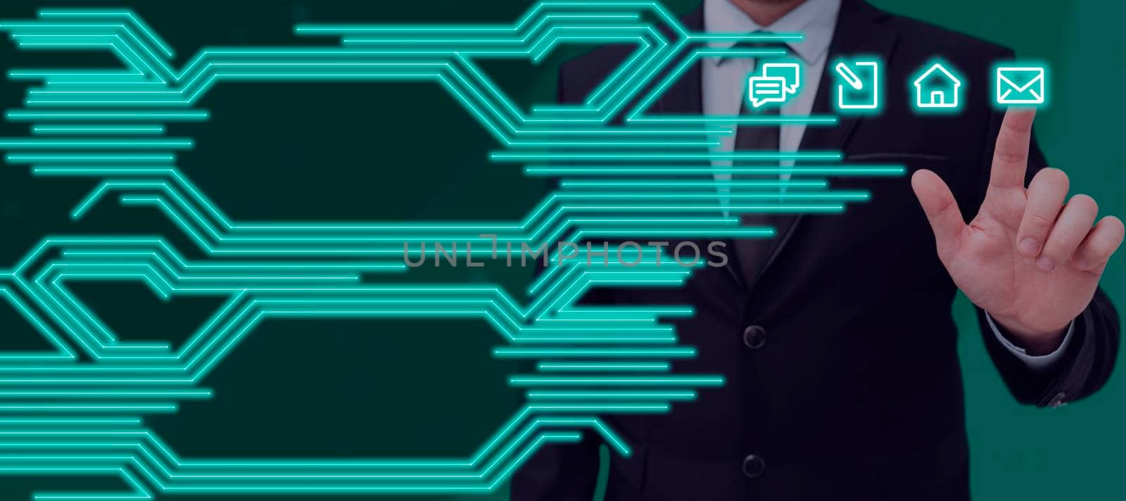 Businessman Pressing On Digital S And Displaying Crucial Information With Glowing Lines In Futuristic Frame. Man In Suit Showing Important Data And Messages. by nialowwa