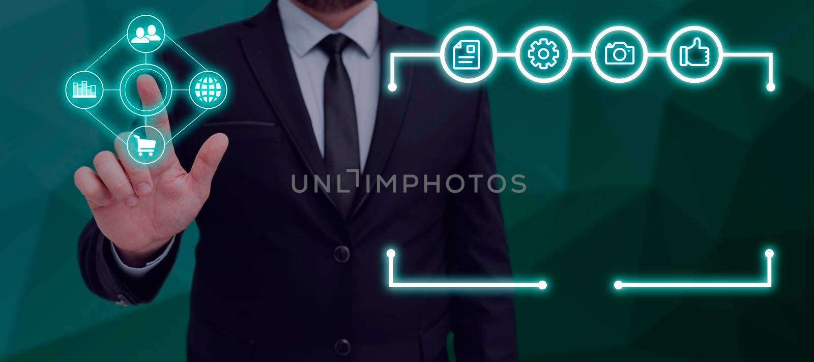 Businessman Pointing On Multiple Glowing Digital Symbols With A Futuristic Frame. Man In A Suit With Presenting Important Information And Ideas In A Meeting. by nialowwa