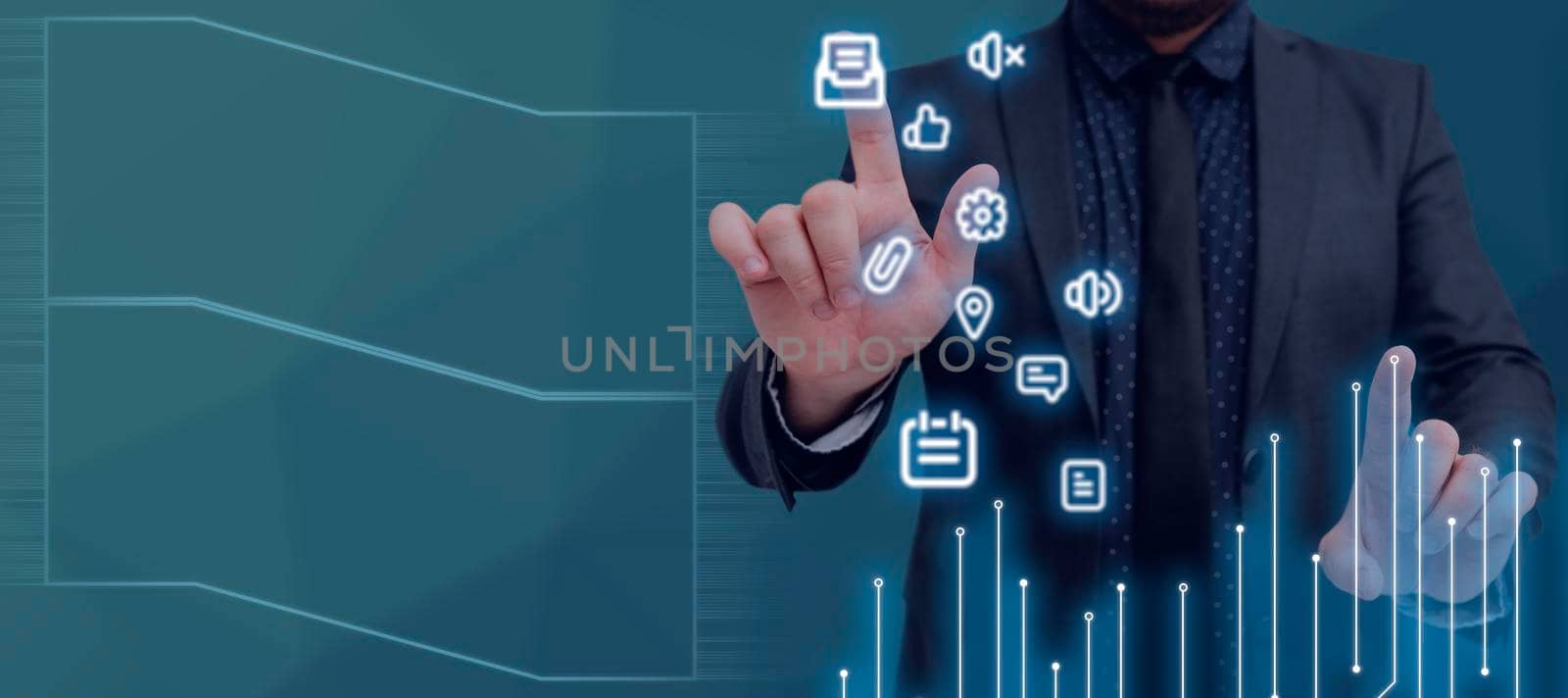 Businessman Pointing With Two Fingers On S And Presenting Crutial Messages. Standing Man In Suit Showing Important Informations. Executive Displaying New Data. by nialowwa