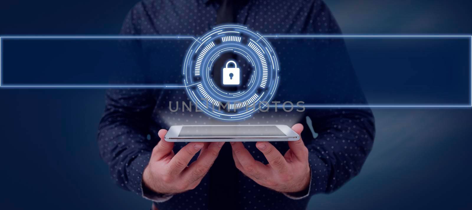 Businessman Holding A Tablet And Projecting A Camera In A Graphic Hexagone Design. Man In A Necktie Presenting Creative Photography And Digital Information. by nialowwa