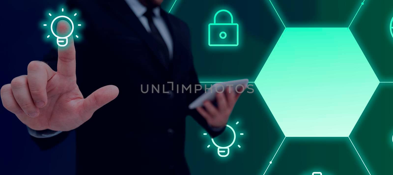 Businessman in suit holding open palm symbolizing successful teamwork.