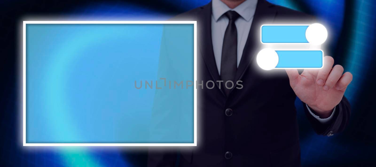 Businessman Pointing On The Toggle Button In A Futuristic Design And Glowing Frame. Man In A Suit Displaying The Digital On And Off Switch Of A Device. by nialowwa