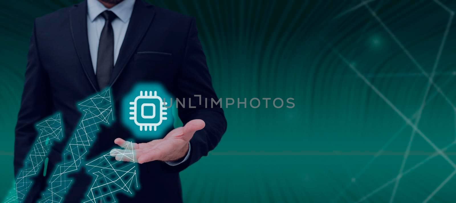 Businessman With A Hand Presenting Arrows Going Up And A Microchip Digital With A Futuristic Design. Man In Suit Showing Symbols And Crucial Information. by nialowwa