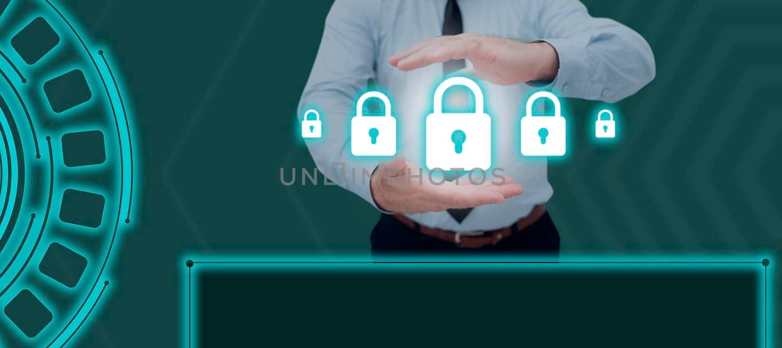 Businessman Holding Digitally Generated Padlocks In Hands Above Blank Display. Man Wearing Necktie Presenting New Ideas And Strategies For Cyber And Network Security. by nialowwa