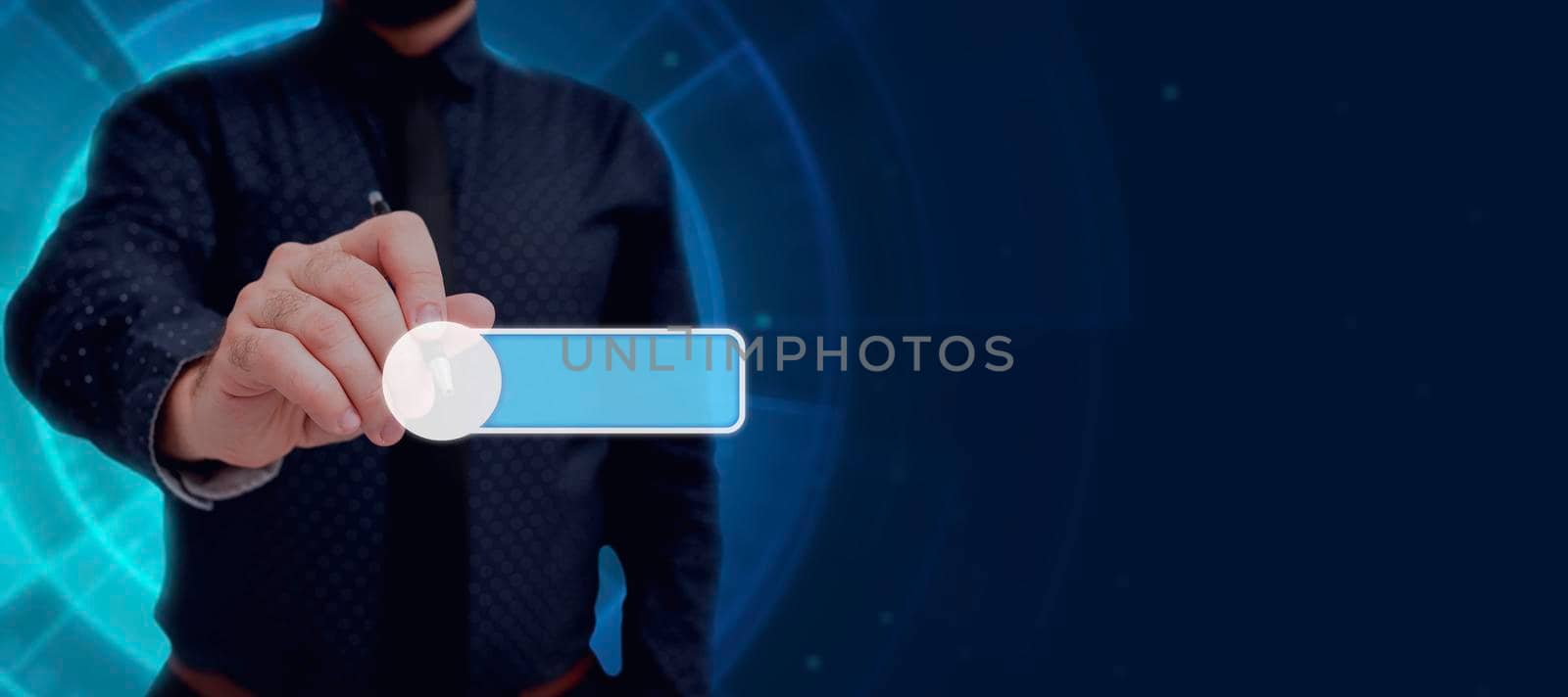 Businessman in suit holding tablet symbolizing successful teamwork.