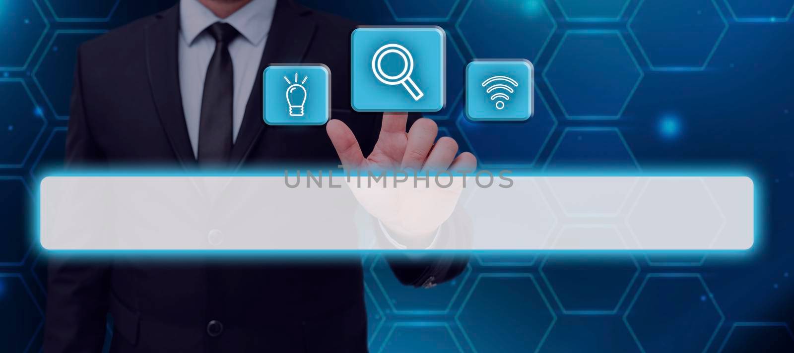 Businessman Pointing A Finger And Displaying A Search Bar With Digital S In A Row Exploring New Information. Man In A Suit Receiving Crucial Data And Messages. by nialowwa