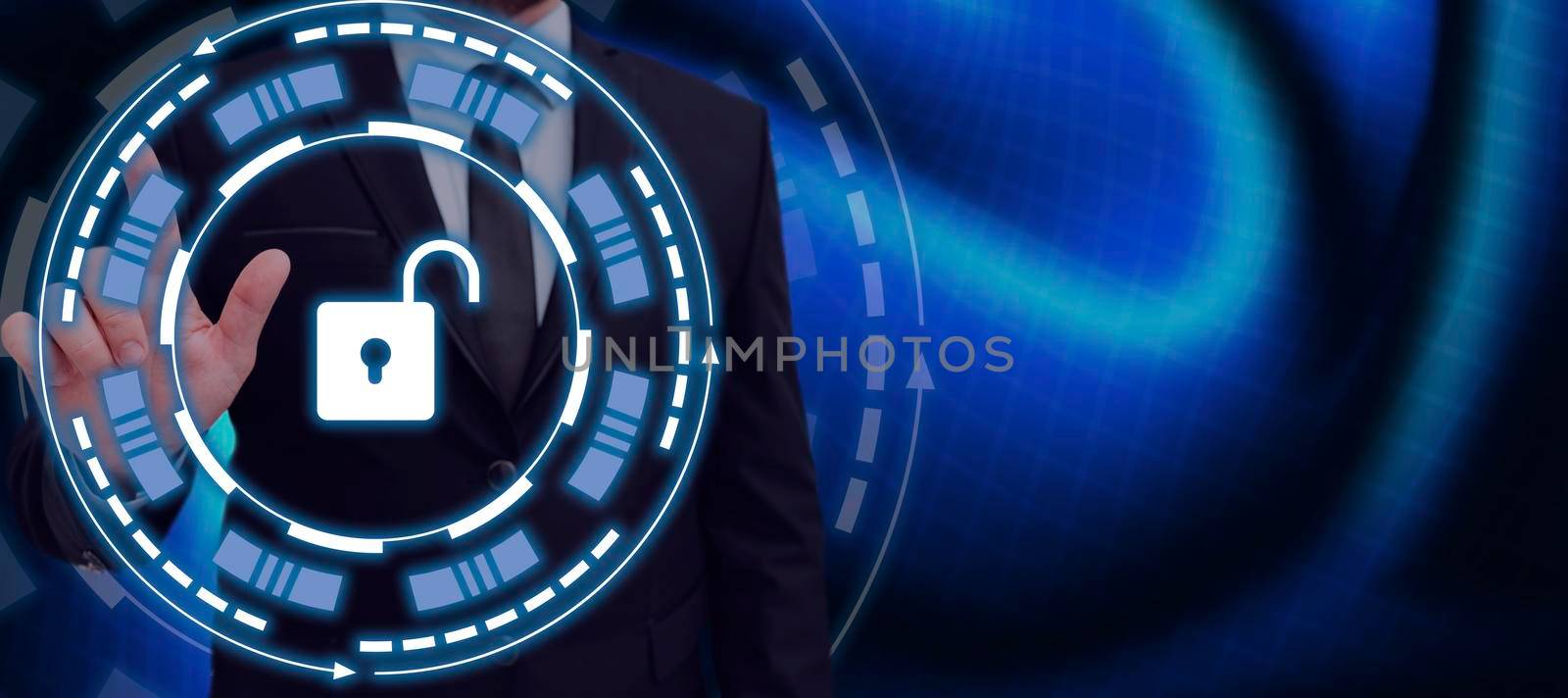 Businessman Pointing To Unlock In A Glowing Futuristic Round Design. Man In A Suit Opening Secured Information And New Concepts In A Presentation. by nialowwa