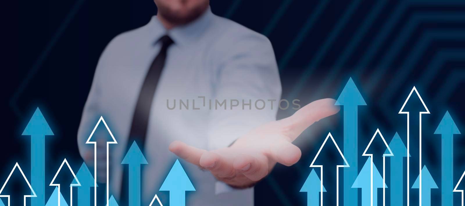 Businessman Reaching Out A Glowing Hand In A Futuristic Design With Arrows Going Up. Man In Necktie Showing Crucial Information And New Concepts In A Presentation. by nialowwa