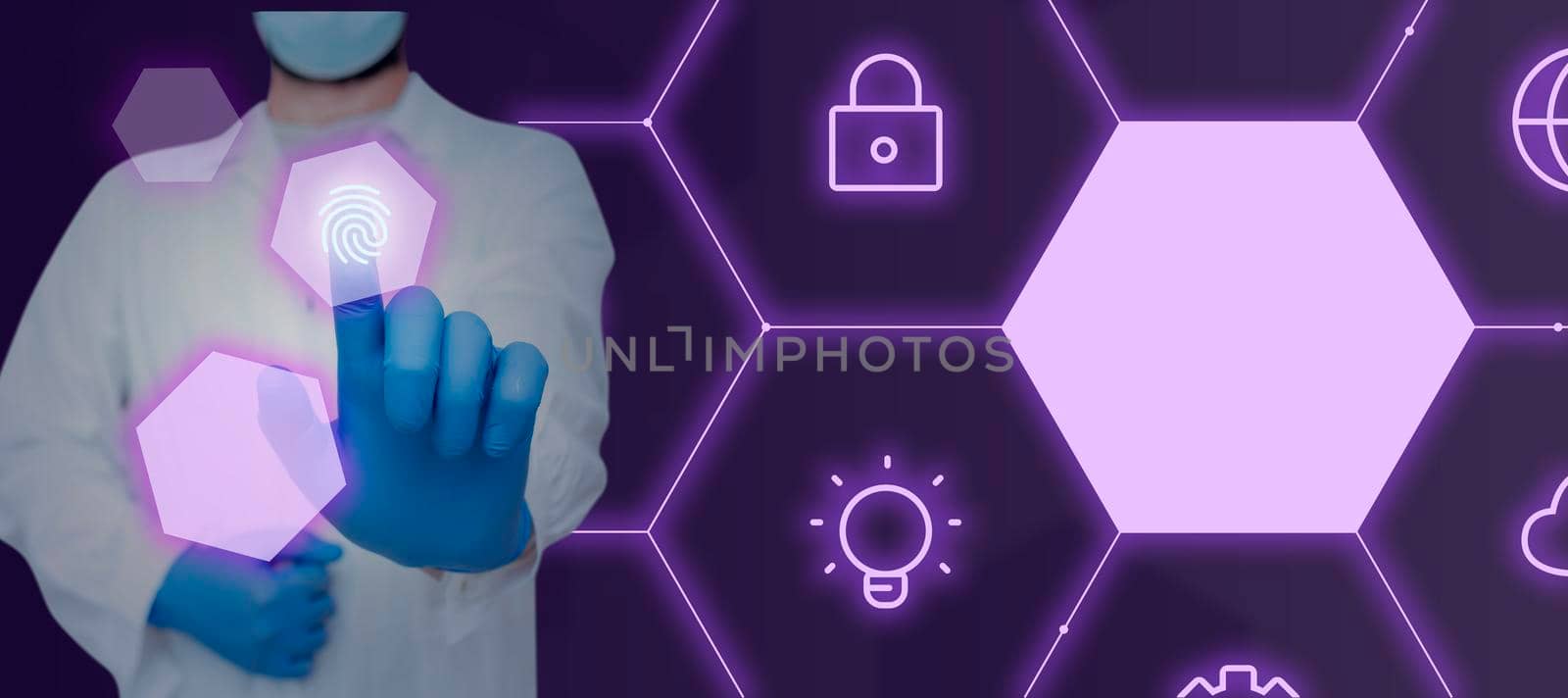 Doctor Pointing With One Finger On Sign And Presenting Crutial Ideas In Futuristic Design. Scientist With Mask And Gloves Pressing On Symbol And Showing Important Information. by nialowwa