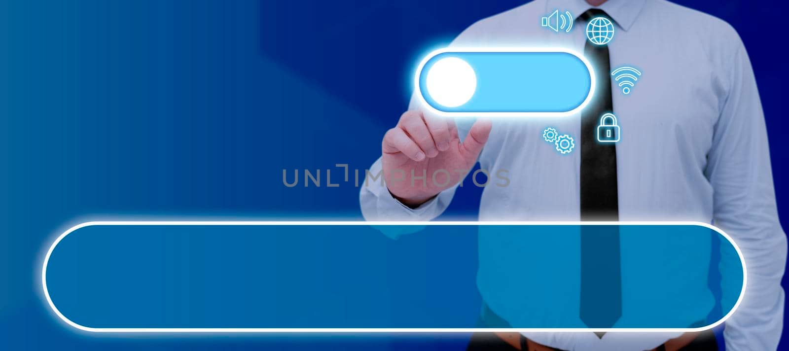 Businessman Pointing On Power Symbol And Digital S Containing Data.