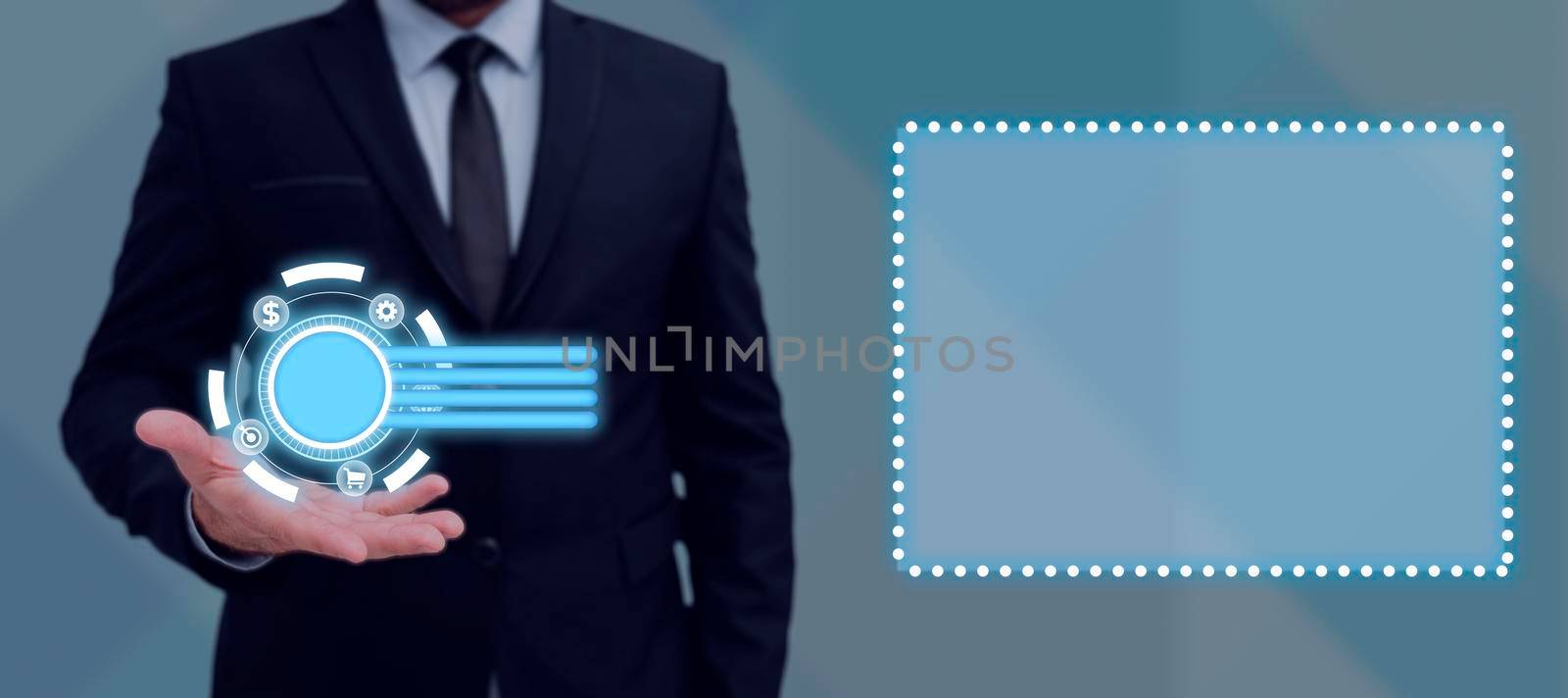 Businessman With One Hand Displaying Digital Symbols And Presenting Crucial Information In Futuristic Design. Man In Suit Showing Important Messages And New Marketing Ideas. by nialowwa