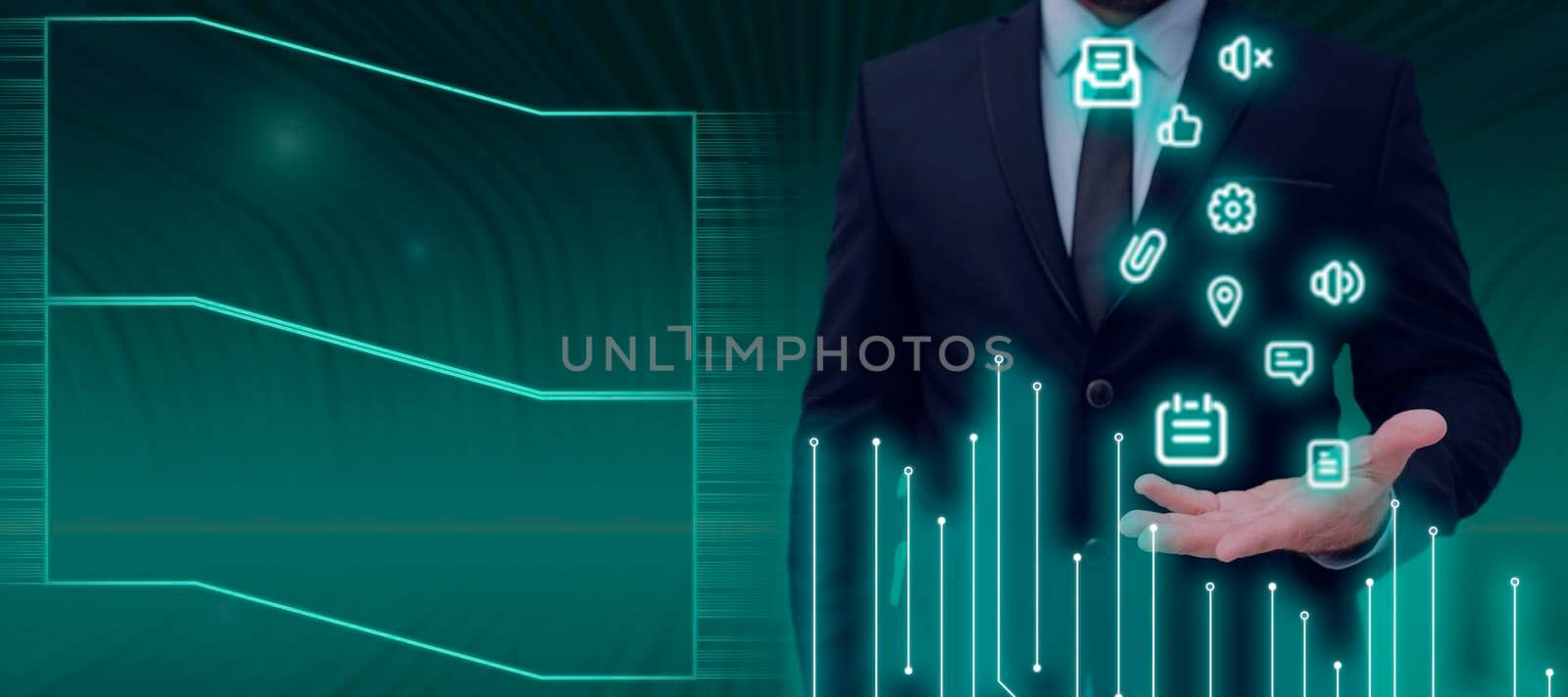 Businessman Presenting S Over Hand And Showing Important Messages. Man In Suit Displaying Different Symbols Above Palm And Crutial Informations On Side. by nialowwa