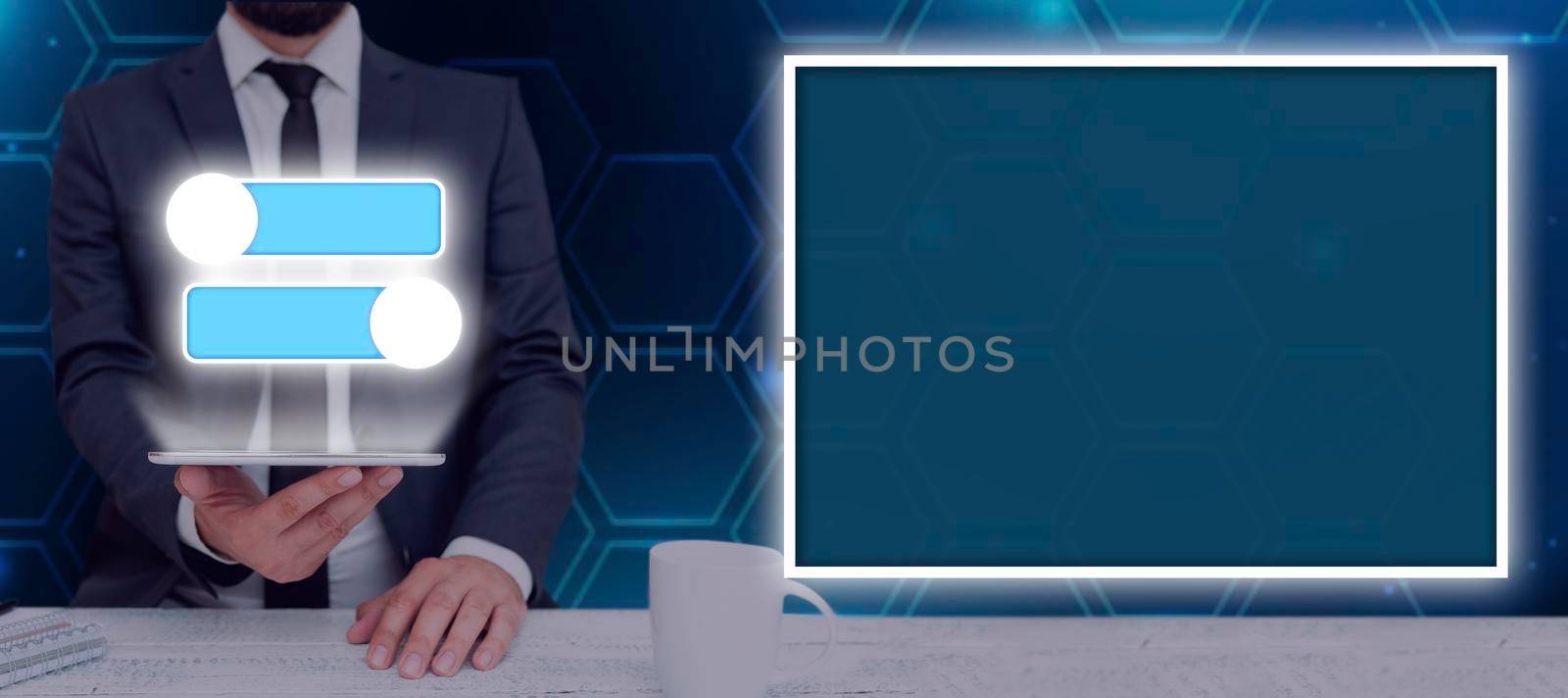 Businesman With Tablet Displaying Toggle Button In A Futuristic Design And Glowing Frame.Man In A Suit With A Pad Showing The Digital On And Off Switch Of A Device. by nialowwa