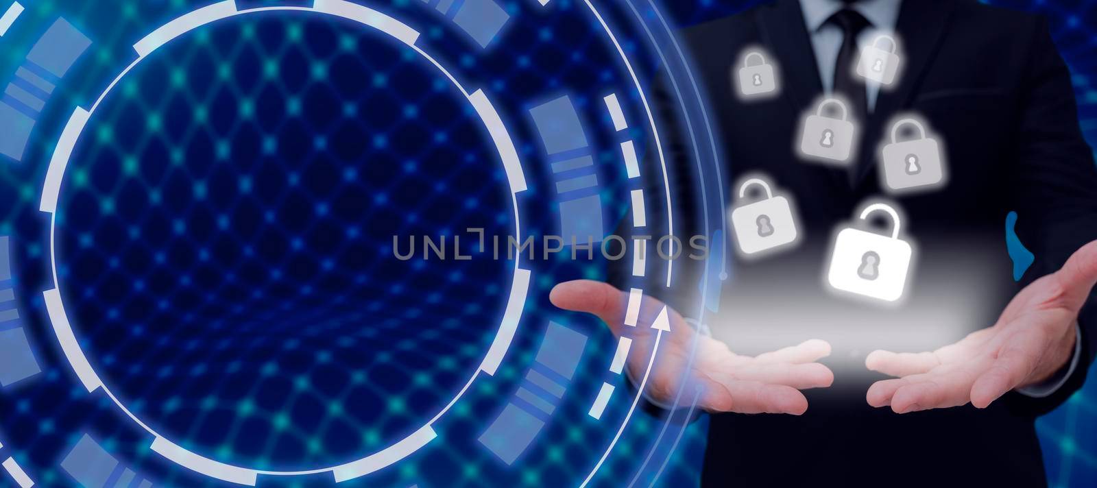 Business Person Holding Digital Lock Symble Technology In Hands