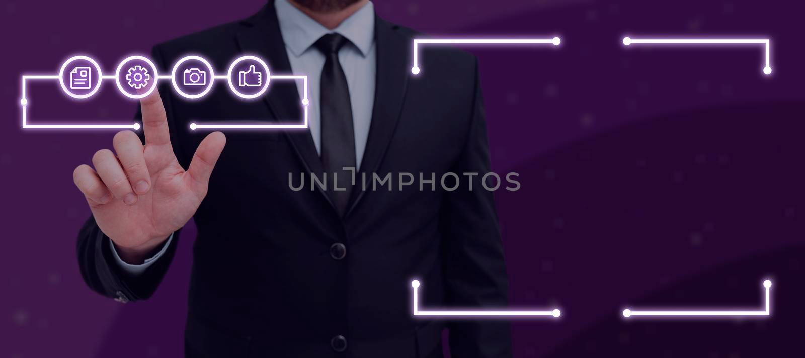 Businessman Pointing His Finger On Glowing Digital Symbols In Row With A Futuristic Frame. Man In A Suit Presenting Important Information And Ideas In A Meeting. by nialowwa