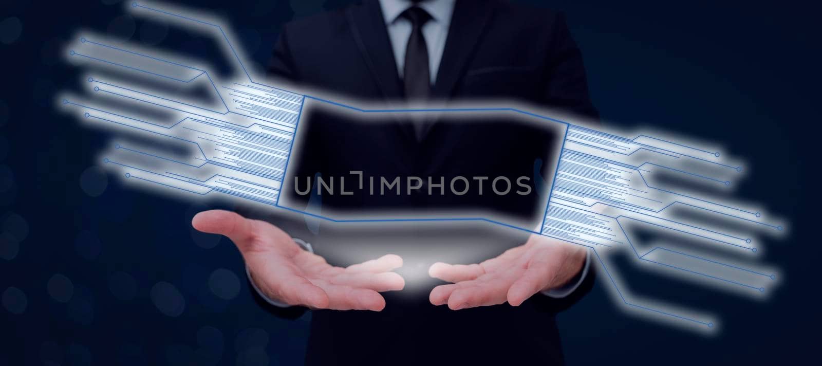 Businessman Having Futuristic Frame In Hands And Presenting Important Informations. Man In Suit Holding Framework And Showing Crutial Announcements In It. by nialowwa