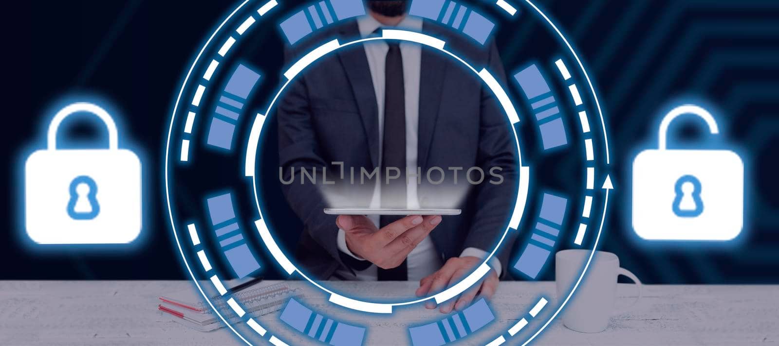 Businessman Holding A Tablet With Lock And Unlock S In A Glowing Futuristic Frame. Man In A Suit With A Touch Screen Showing A Secured Network With Encrypted Information. by nialowwa