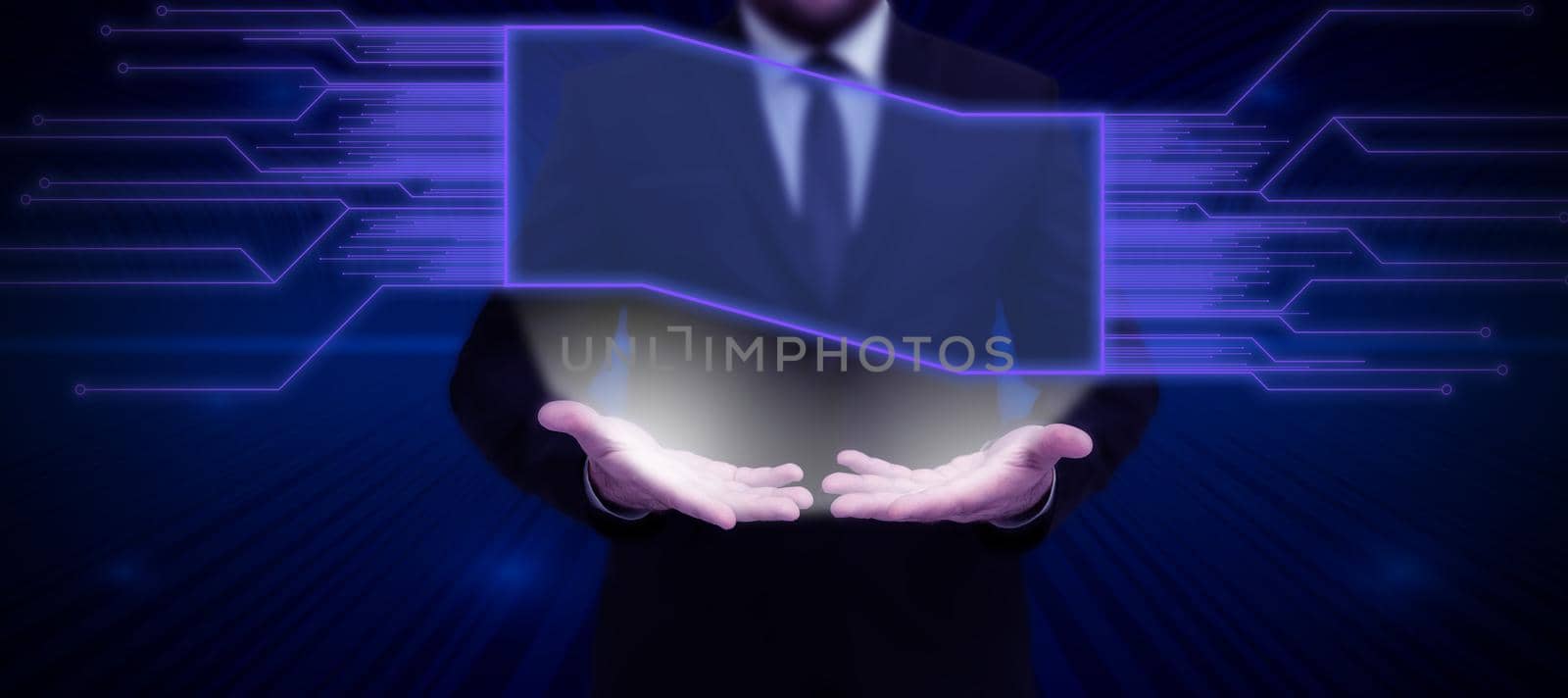 Businessman in suit holding tablet symbolizing successful teamwork accomplishing newest project plans. Man carrying electrical device representing combined effort management. by nialowwa