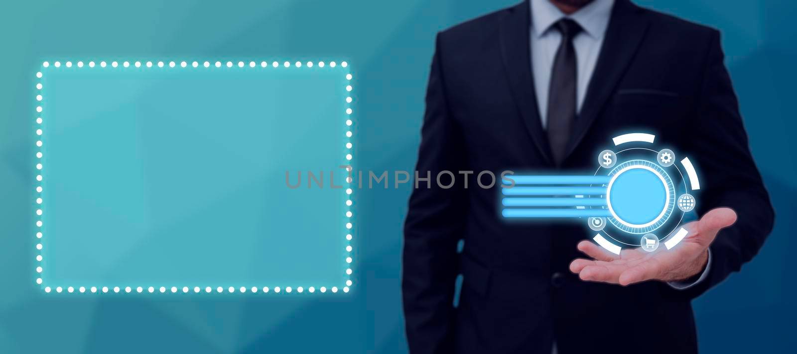 Businessman With One Hand Displaying Digital Symbols And Presenting Crucial Information In Futuristic Design. Man In Suit Showing Important Messages And New Marketing Ideas. by nialowwa