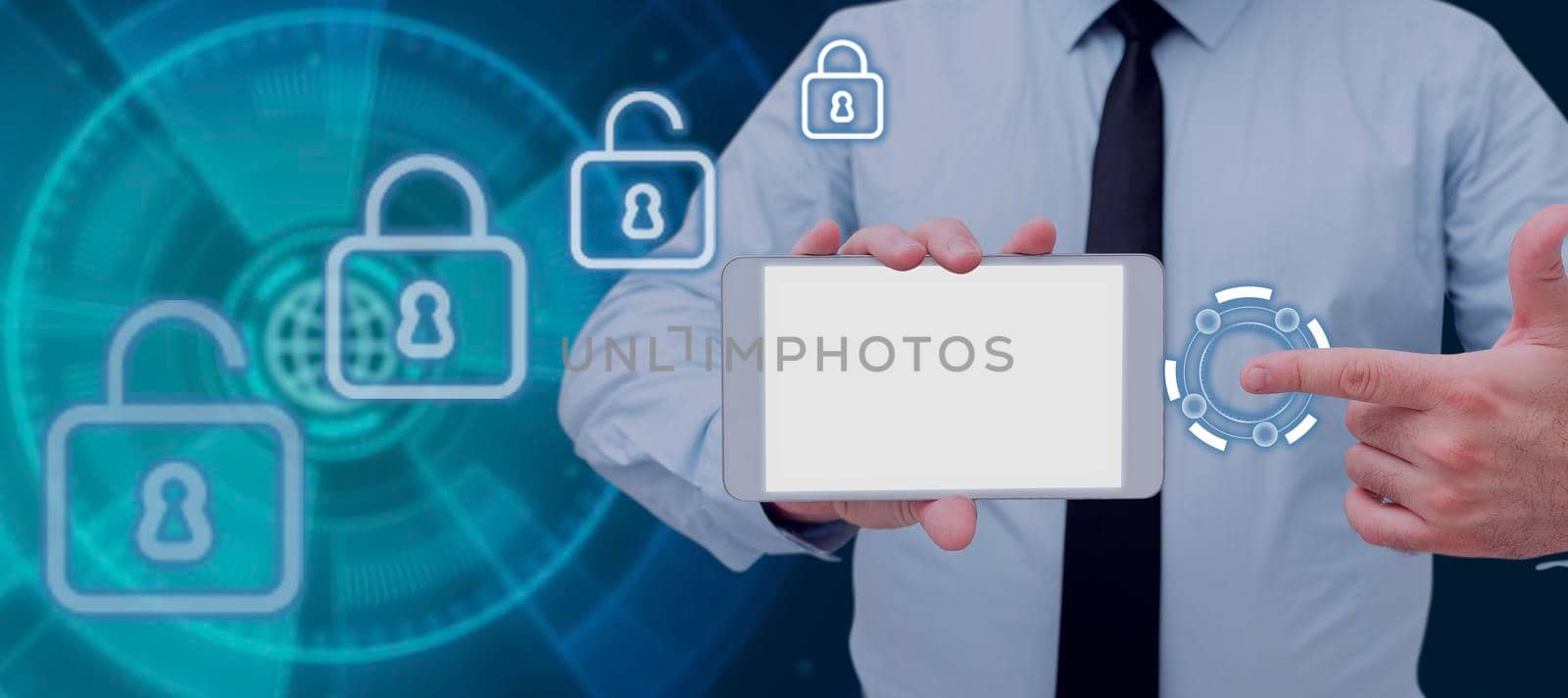 Businessman Holding A Tablet And Projecting A Camera In A Graphic Hexagone Design. Man In A Necktie Presenting Creative Photography And Digital Information. by nialowwa