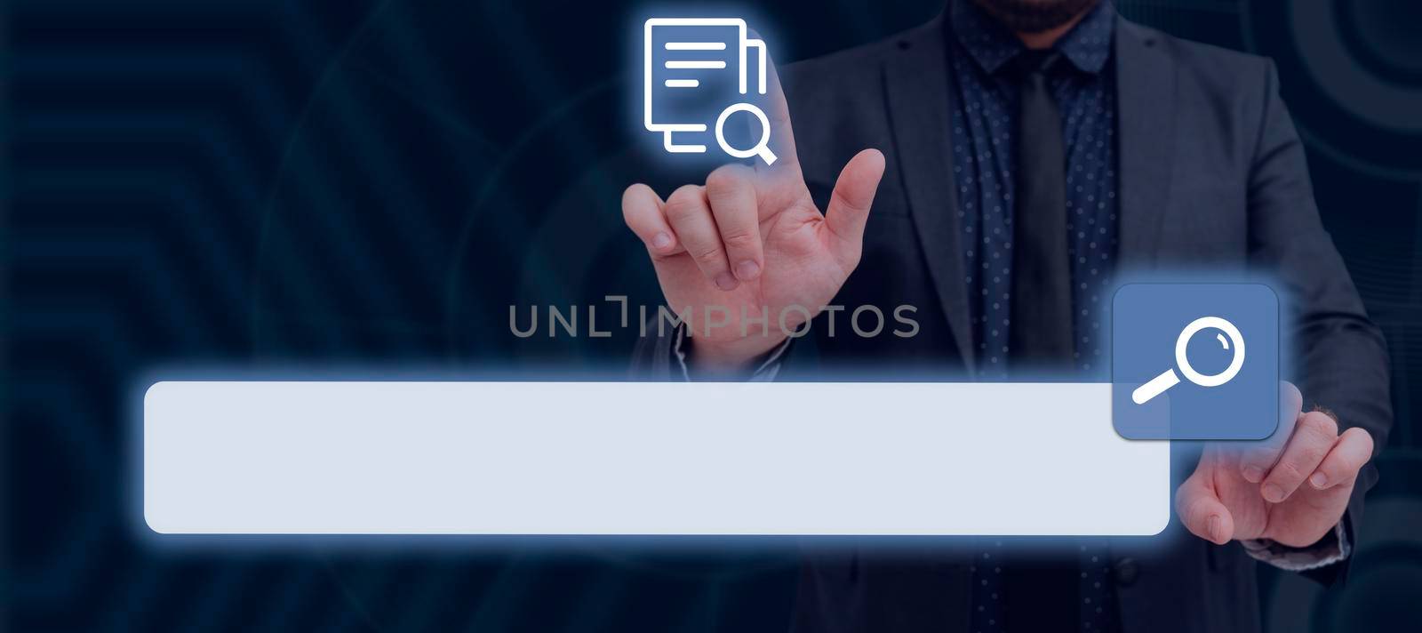 Businessman With Each Hand Pointing On The Search Bar Symbol And Document Search . Man In A Suit With Two Hands Looking For Important Information And Crucial Files. by nialowwa