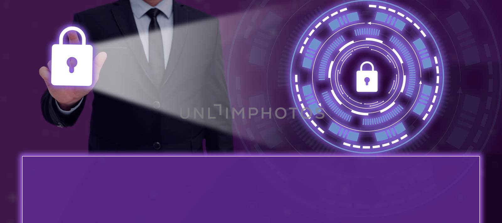 Businessman Pointing Finger And Projecting The Lock In A Glowing Futuristic Frame. Man In A Suit Showing Secured Messages And Encrypted Data In A Meeting. by nialowwa