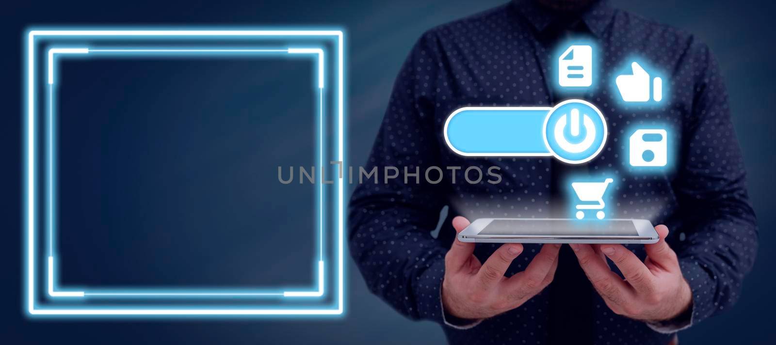 Businessman Holding Tablet Presenting Digitally Generated Power Button And Multiple S By Graphical Display. Man Showing Modern Technology And Important Information. by nialowwa