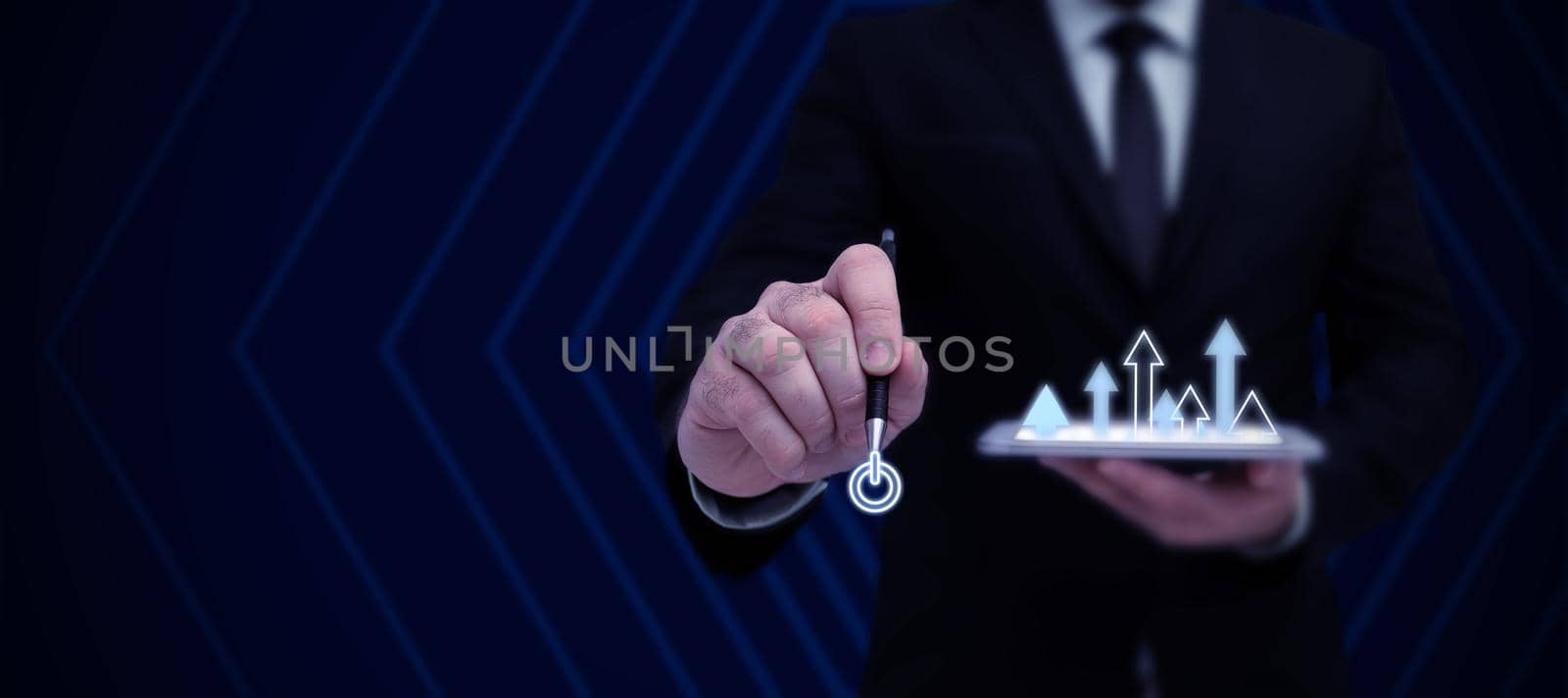 Businessman in suit holding open palm symbolizing successful teamwork accomplishing newest project plans. Man reaching hand out representing combined effort management. by nialowwa