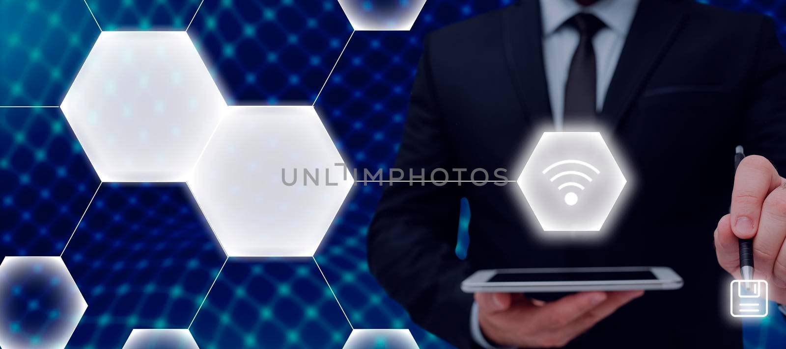 Businessman Holding Tablet And Pen Which Points On Sign And Presenting Crutial Ideas. Man In Suit Having Cellphone And Pencil In Hand To Show Important Informations. by nialowwa