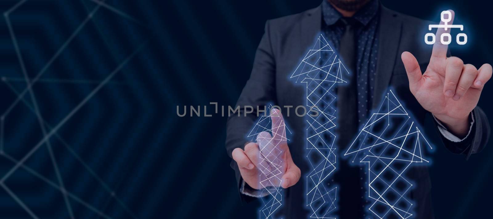 Man In Suit Pointing At Arrows And Network With Crucial Information.