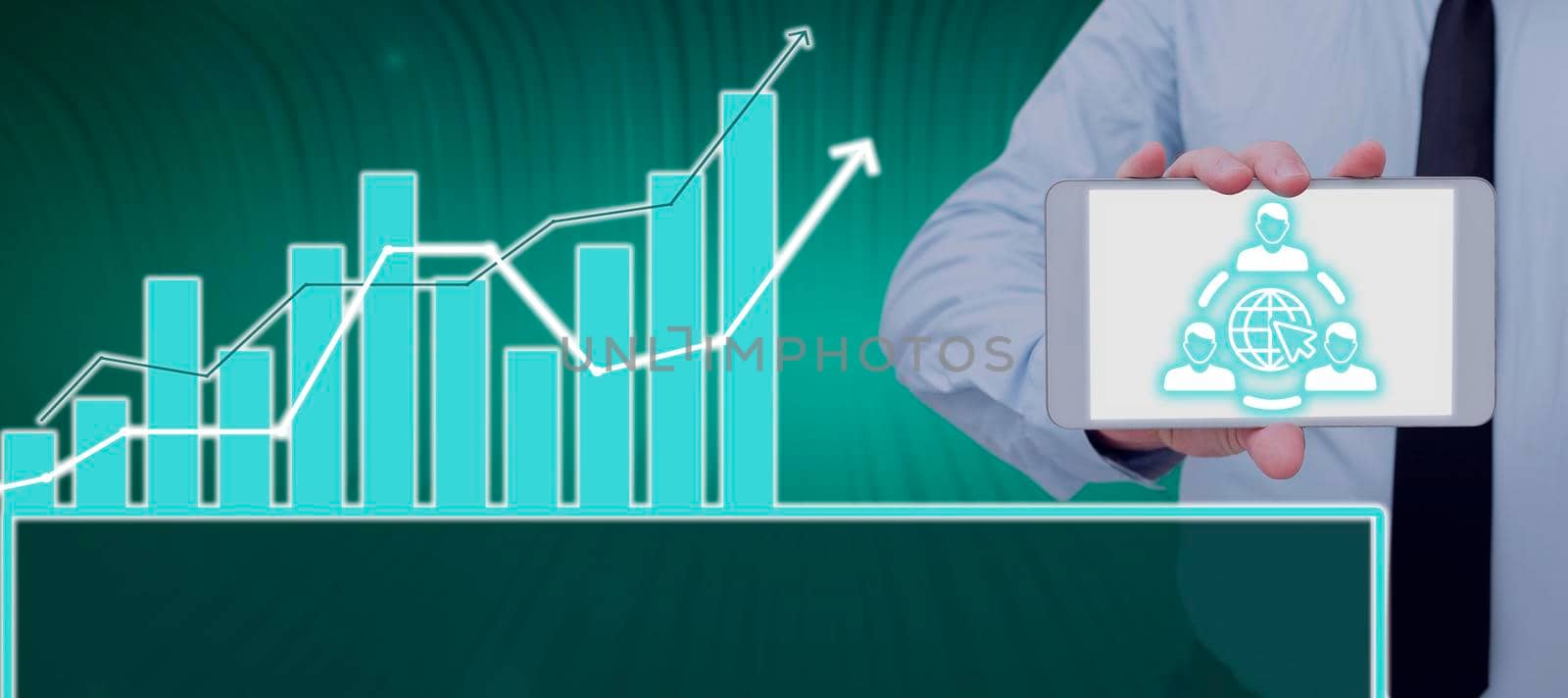 Businessman Holding A Tablet With An Online Community Symbol And Showing Data Graphs With A Futuristic Design. Man In A Necktie Showing Important Charts And Information. by nialowwa