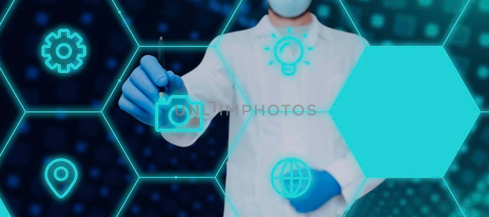 Doctor Pointing Pen On Digitally Generated Multiple S In Hexagon Pattern Showing Crucial Information. Scientist Wearing Lab Coat And Gloves Presenting Modern Technology by nialowwa