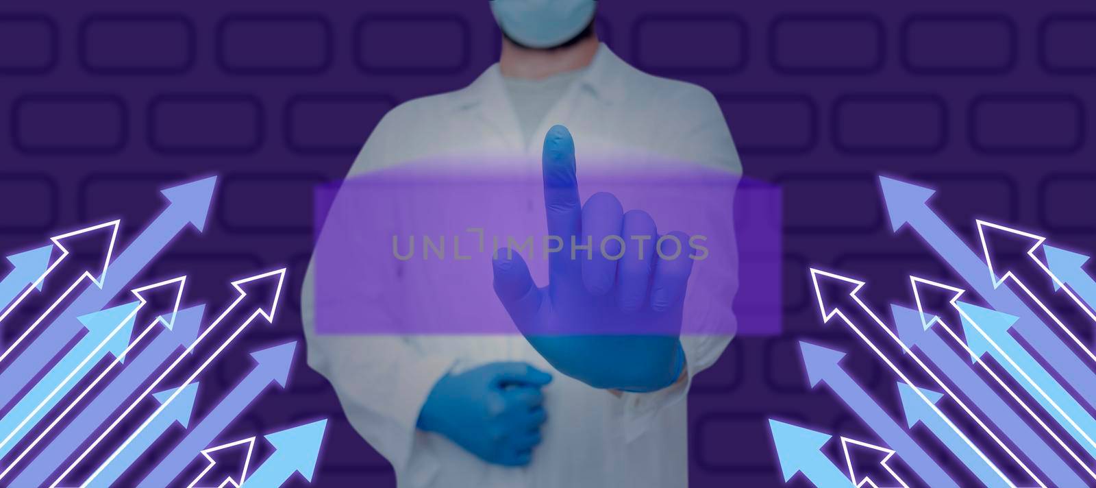 Doctor Wearing Mask And Gloves Pointing On Important Messages With Arrows Up On Both Sides. Scientist Presenting Crutial Informations. Specialist Showing New Ideas. by nialowwa