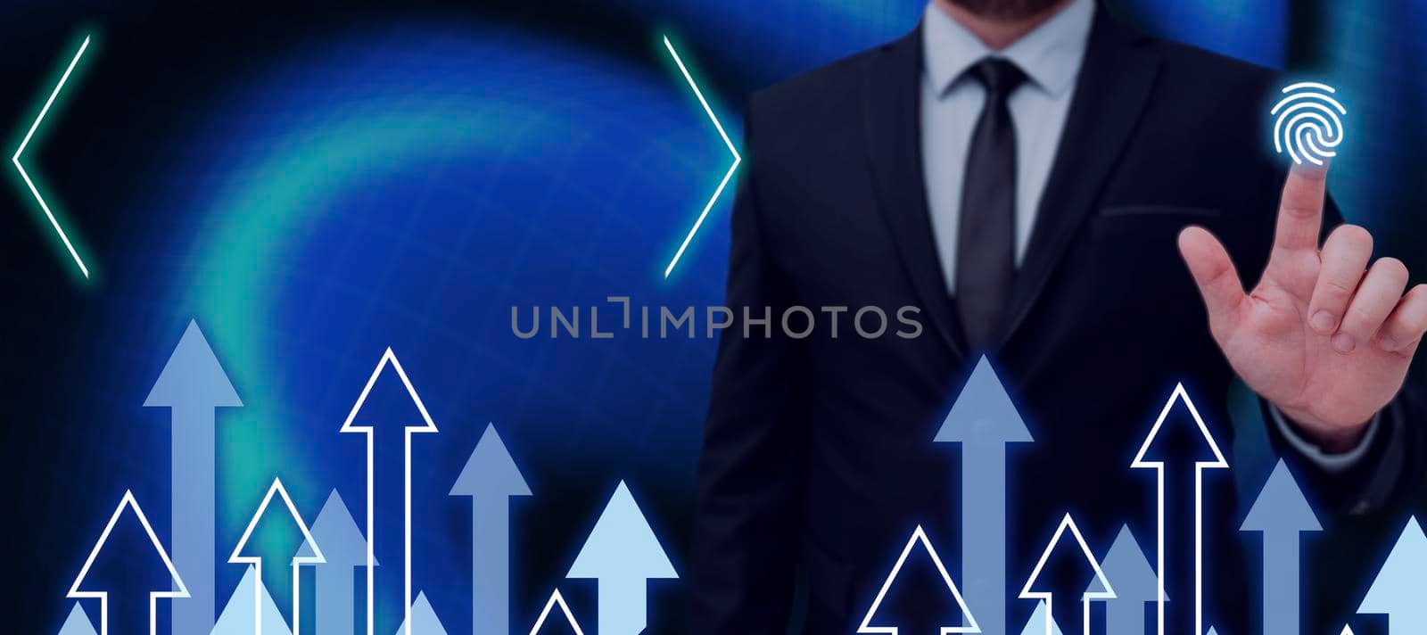 Businessman Pointing On Fingerprint Symbol In A Futuristic Design With Arrows Going Up. Man Pressing On Touch Screen And Presenting Important Information In A Meeting. by nialowwa