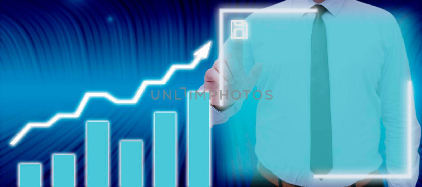 Businessman Showing Crucial Data Charts And Pointing With One Hand On Save In Abstract Design. Standing Man In A Necktie Displaying Important Diagrams And Information. by nialowwa