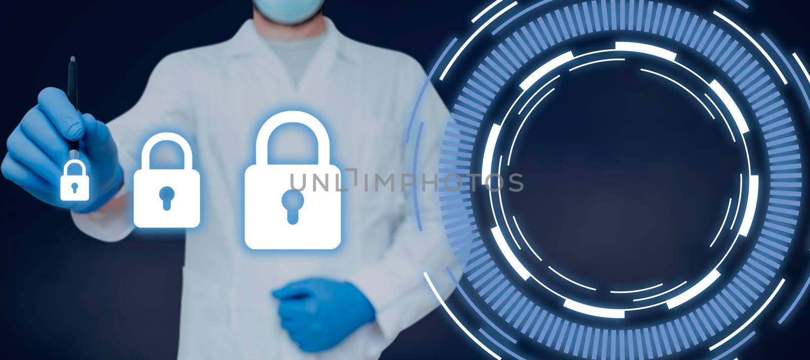 Doctor Holding Pen And Pointing On Digitally Generated Padlocks By Graphical Circle. Scientist Wearing Lab Coat And Glove Presenting Information On Cyber Security. by nialowwa