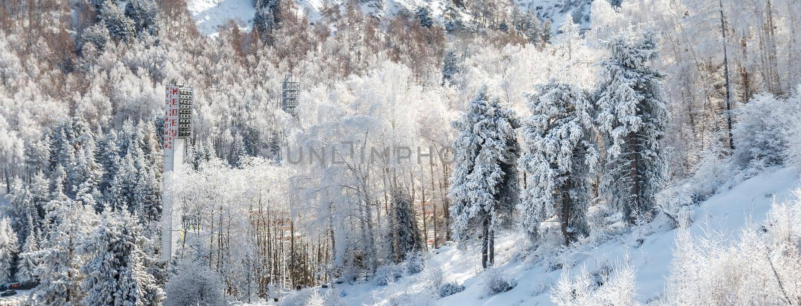 Almaty, Kazakhstan - March 16, 2021: A view from behind the fresh snowy trees to a part of the Medeu ice rink