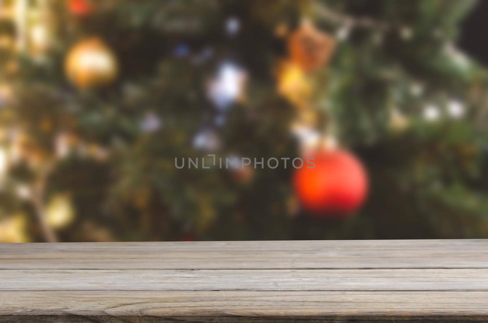 wood table top product empty counter abstract blur background New year and Christmas festive decoration display vintage retro tone.
