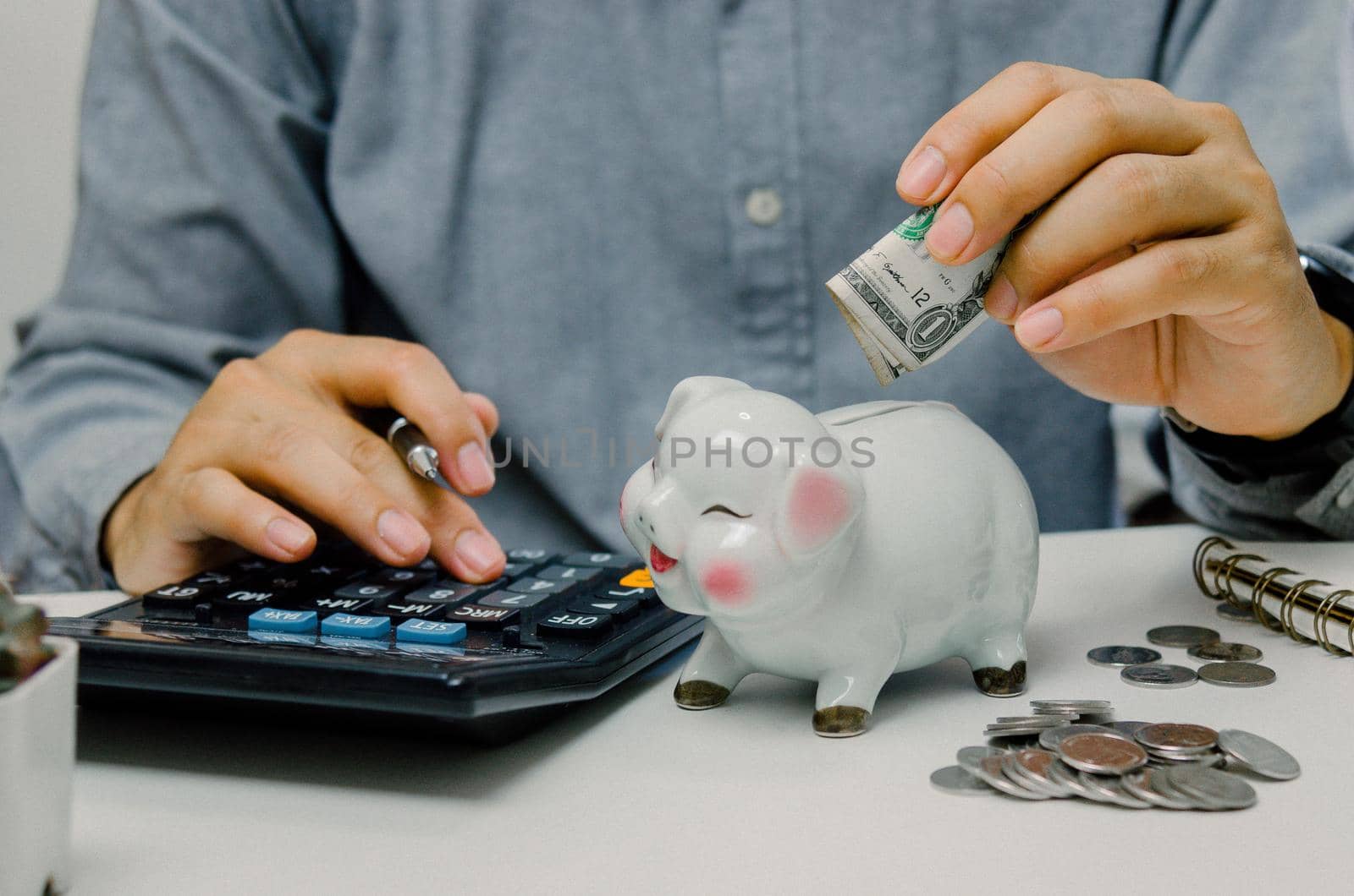 Hand man person holding dollar and calculator saving in pig bank. business finance economy investment tax accounting money and coin deposit concept.