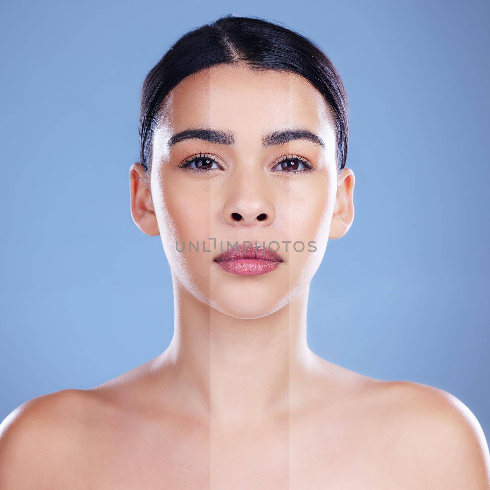 Never content with my complexion. an attractive young woman posing alone against a blue background in the studio with different skin tones. by YuriArcurs