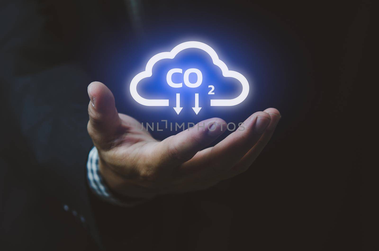 Man hand icon cloud. Sustainable eco energy CO2 emissions and global warming with investment constraints  icons and symbols virtual screen. Business concept. by aoo3771