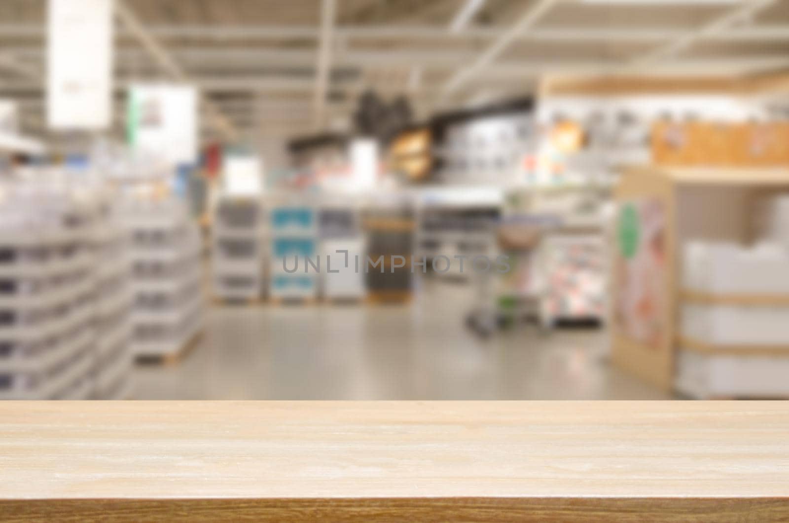 wood table top shelf product counter blank good blur background shopping mall business display.