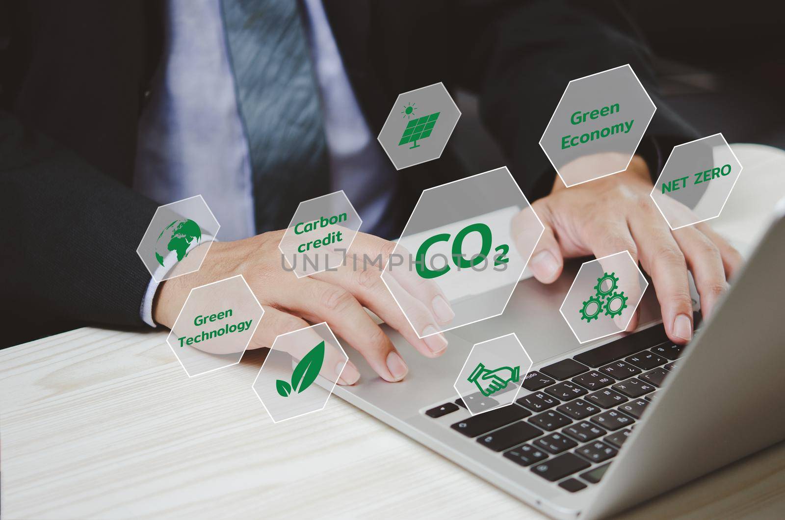 Organizations or companies develop carbon credit business virtual screen. Reduce CO2 emissions. Sustainable business development concept. by aoo3771