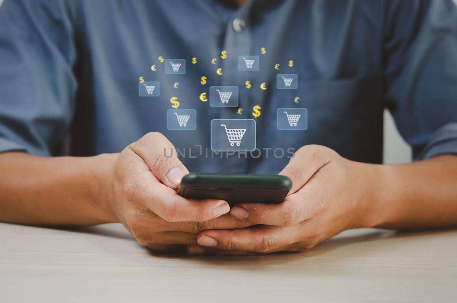 Businessman using smart phone shopping online virtual screen.