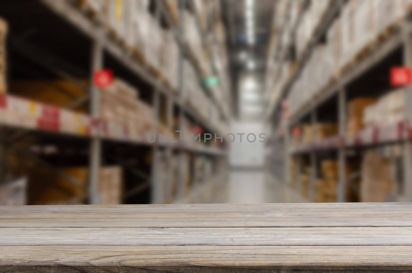 wood table top shelf product counter blank good blur warehouse factory interior cargo business display storehouse. by aoo3771