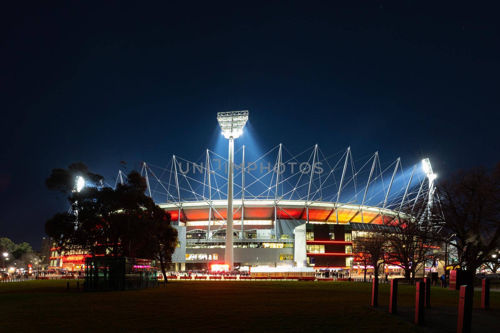 Dusk view of Melbourne's famous skyline and Melbourne Cricket Ground stadium in Melbourne, Victoria, Australia.