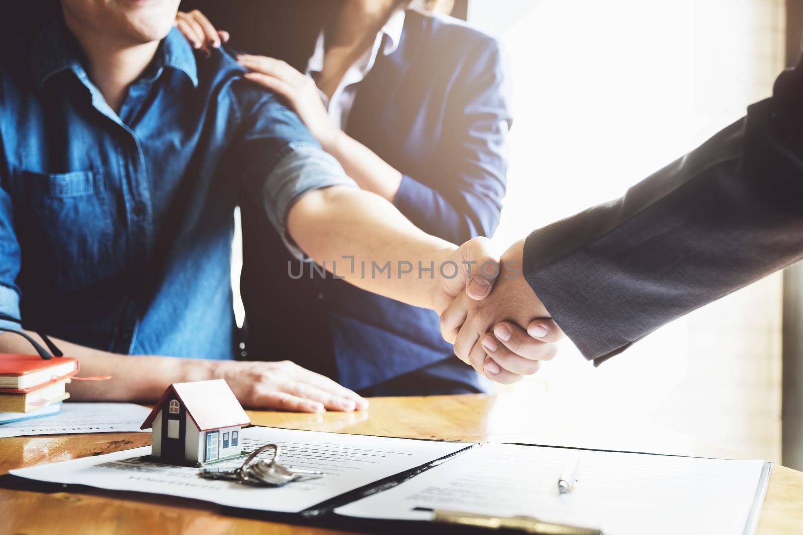 Focus on the congratulatory handshake. The real estate agent agrees to buy the home the customer at the agent's office. concept agreement