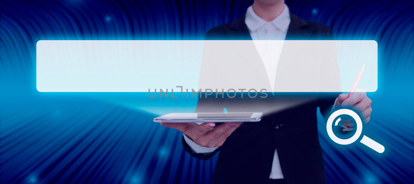 Businesswoman With Tablet And Pen Pointing On Search Bar Looking For Information An Abstract Design. Woman Holding Pad Containing Crucial Data And Messages. by nialowwa
